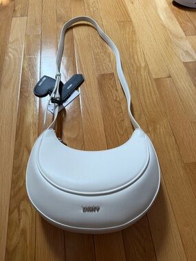 DKNY White Crescent Shoulder Bag with Logo Hardware